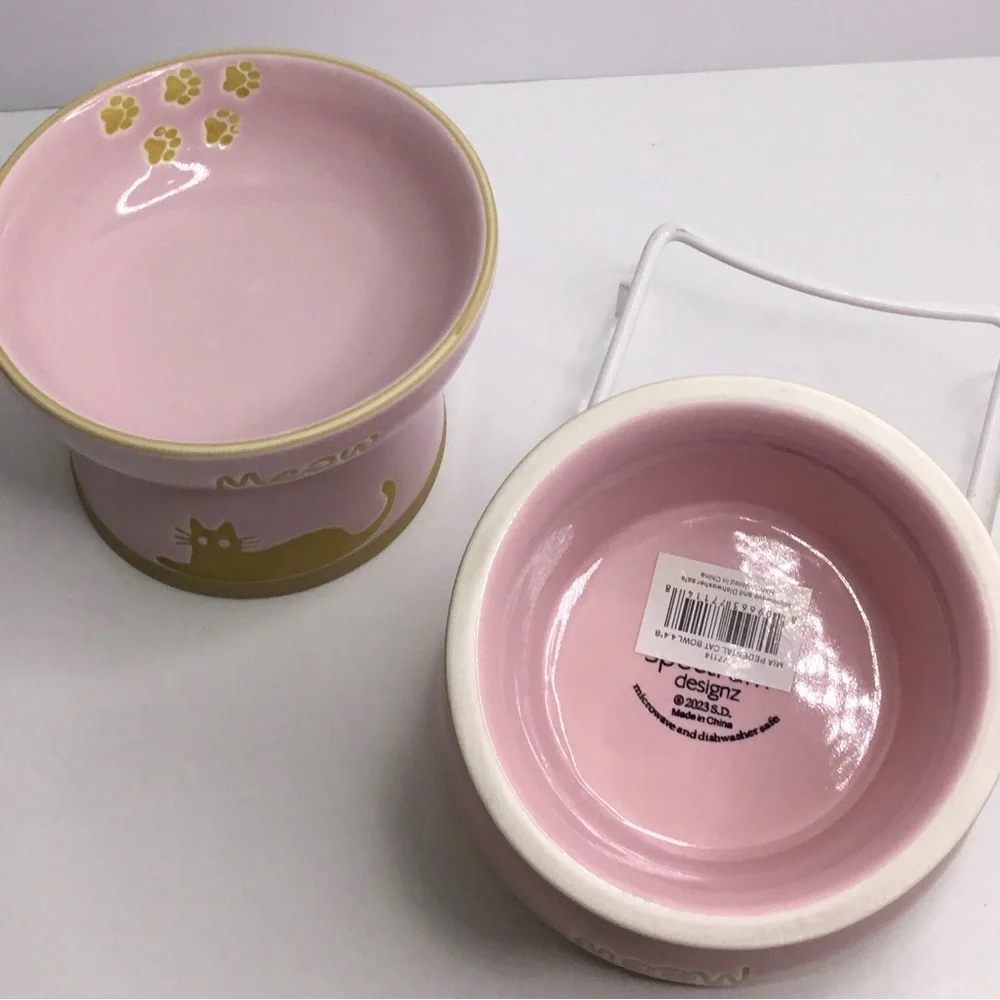 2 Signature Meow Stoneware Cat Body Pet Elevated Bowls Dishes Combo New